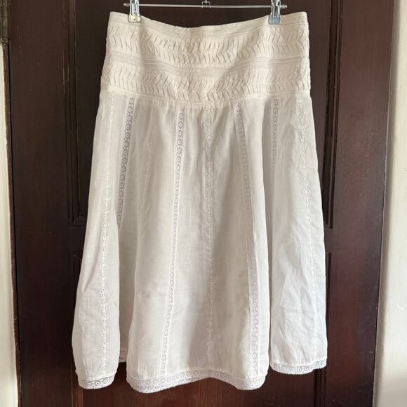 Unbranded Dresses & Skirts - White Cotton and Lace A Line Eyelet Midi Skirt with Pleated Waistband | Medium